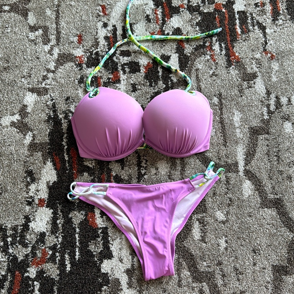VS Purple Floral Bathing suit, Size 34D Top, M Bottom